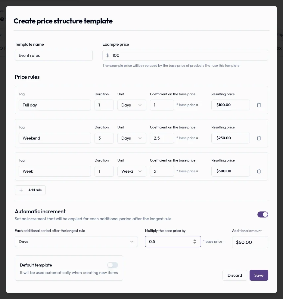 El editor actual de plantillas de precio muestra reglas de duración, multiplicadores, importes de ejemplo e incremento automático.