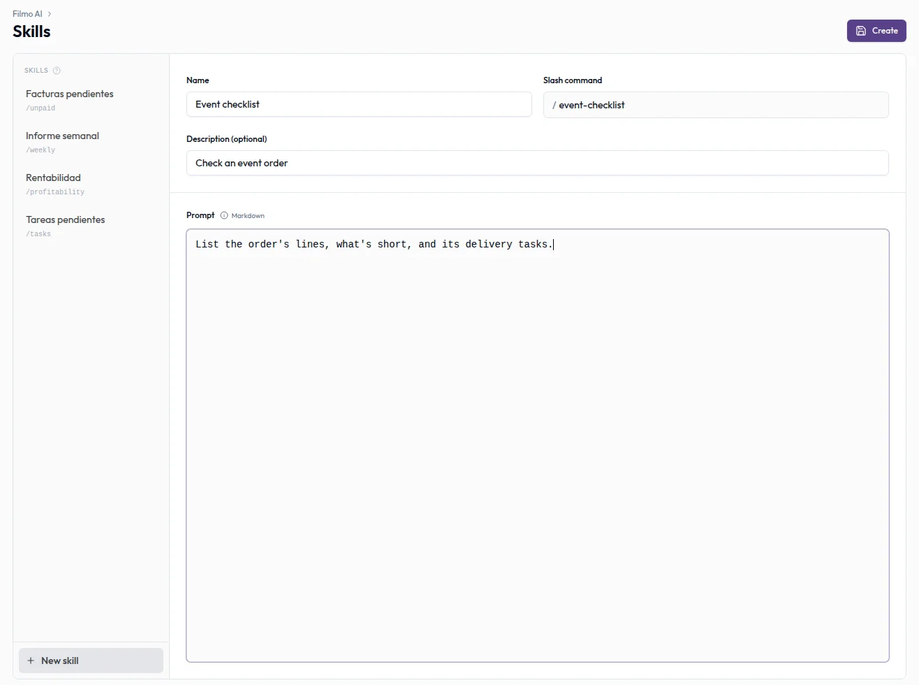 The New skill form with an Event checklist name, slash command, optional description and a prompt asking for order lines, shortages and delivery tasks.