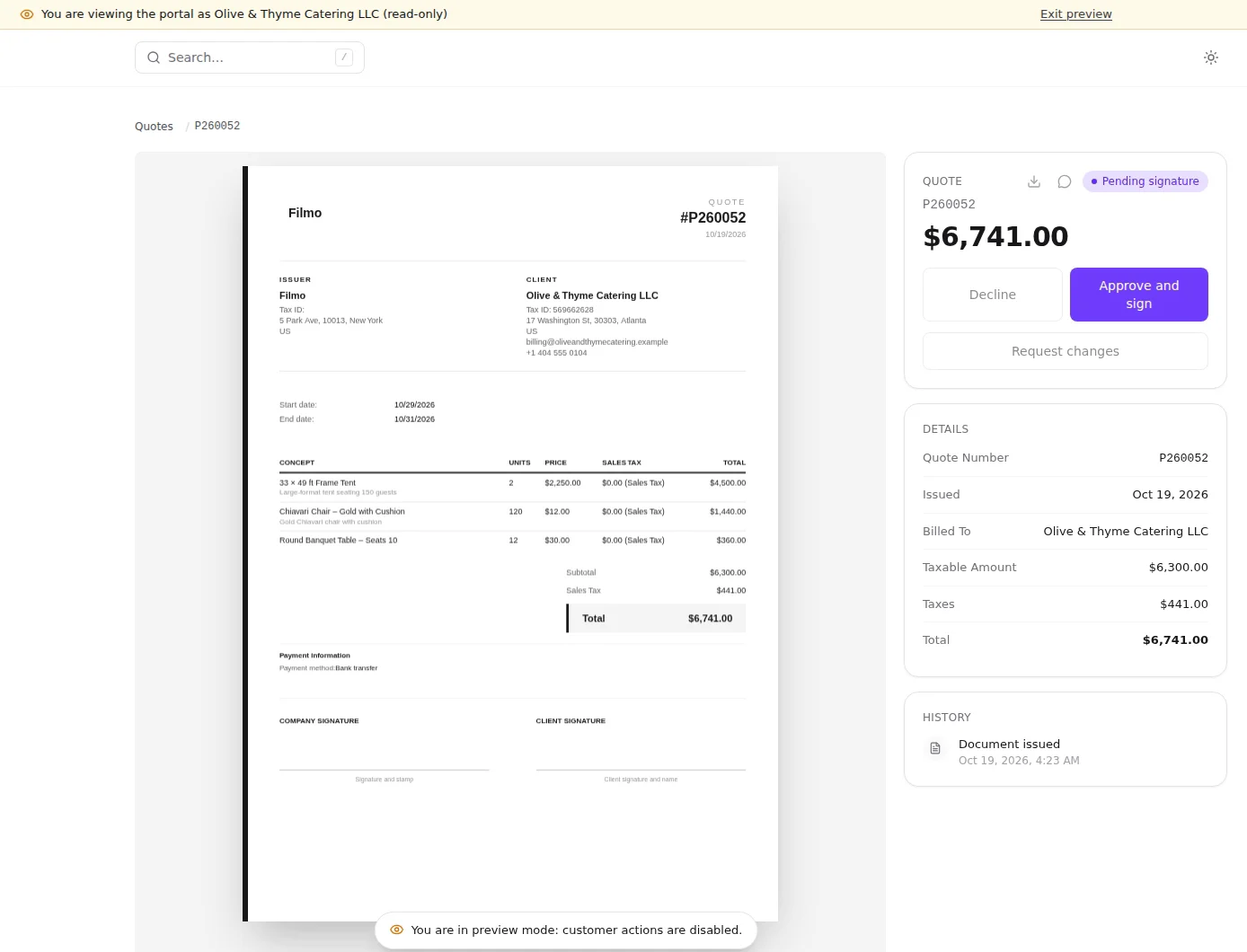 A quote in the current client portal preview, with the contact named in the preview banner and customer actions disabled.