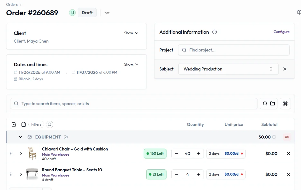 An app request in Filmo with Draft status, the student's contact, collection and return dates, a subject field and the requested equipment lines.