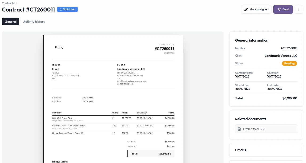 The current contract page, with the issued document on the left and a pending signature status and related order on the right.