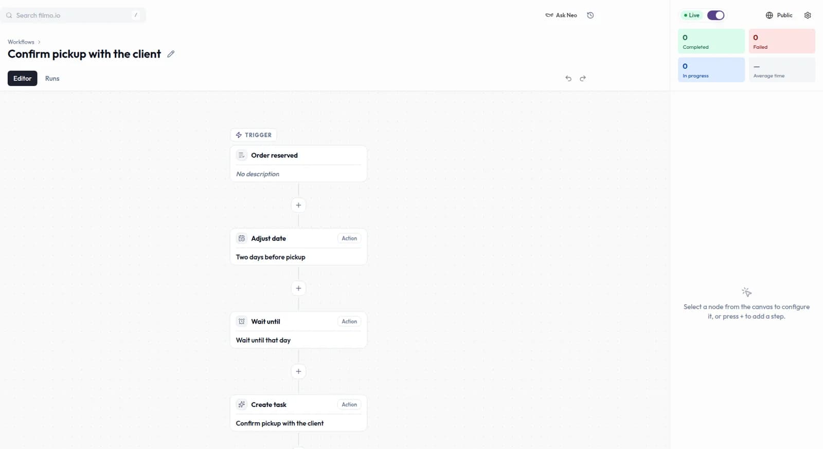 The documented workflow editor shows an Order reserved trigger followed by date, wait and task steps, with Editor and Runs tabs.