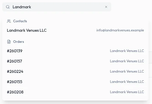 Searching for Landmark returns contacts and orders grouped by record type.