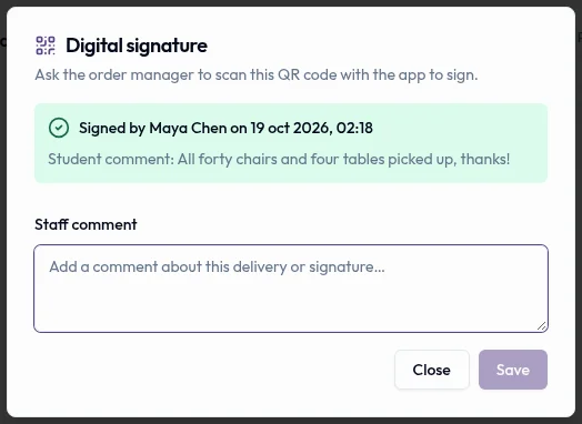Ventana Digital signature con la persona que ha firmado la entrega, la fecha, un comentario del estudiante y el campo de comentario del personal.