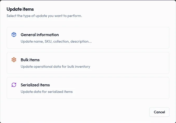 El diálogo de actualización ofrece Información general, Artículos bulto y Artículos serializados.