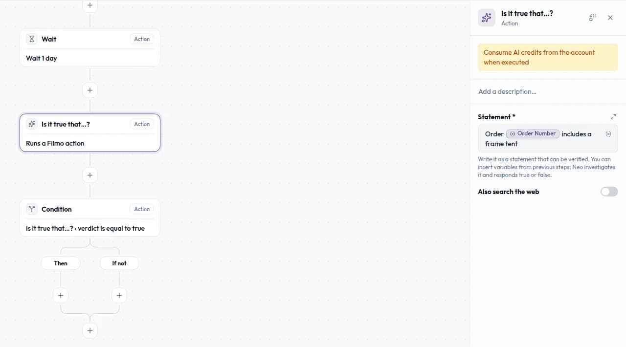 A documented workflow canvas with an Is it true that step, a condition and Then and If not branches; its panel warns that execution uses AI credits.